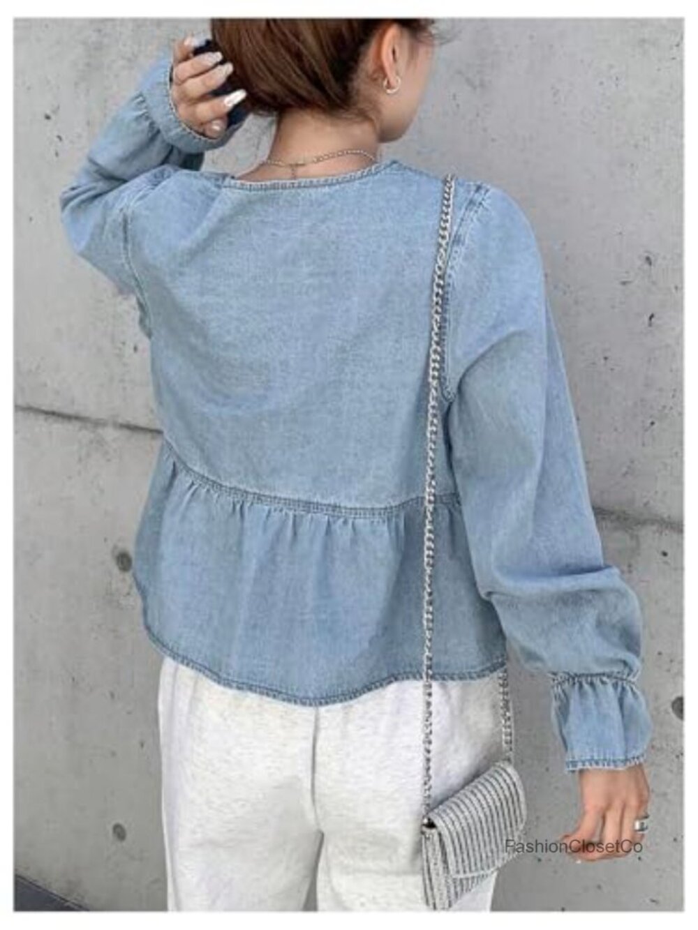 V Neck Tie Front Denim Jean Blouse Ruffled Peplum Long Sleeve with Splits - Picture 2 of 4